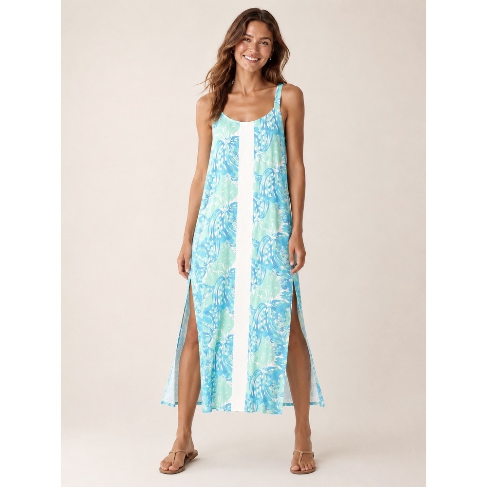 Lilibridge Womens Floral Print Maxi Dress‎ M Coastal Resort Sun Dress Blue Beach